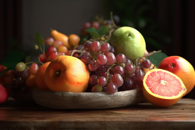 Uma tigela de frutas com uma maçã vermelha e verde à direita.