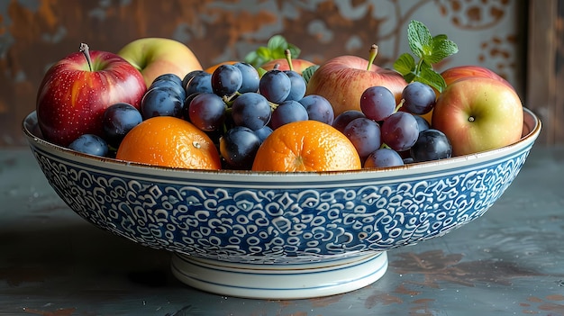 uma tigela de frutas com uma tigela azul e branca com uma fruta nela