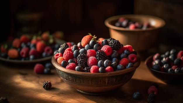 Uma tigela de frutas com uma tigela de bagas ao fundo