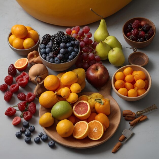 Foto uma tigela de frutas é cercada por outras frutas