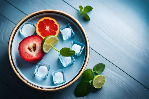 Uma tigela de frutas e cubos de gelo com uma folha em forma de coração no meio