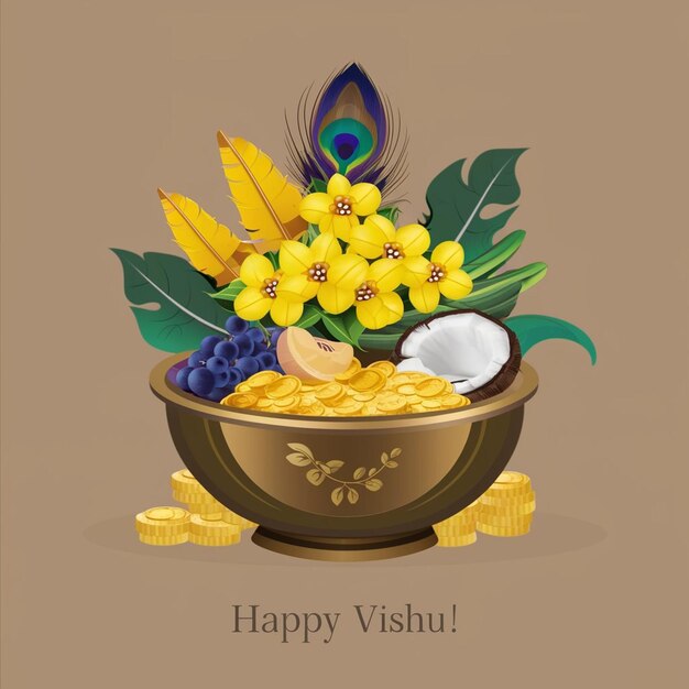 Foto uma tigela de frutas e flores com uma foto de uma flor vishu cartaz de mídia social