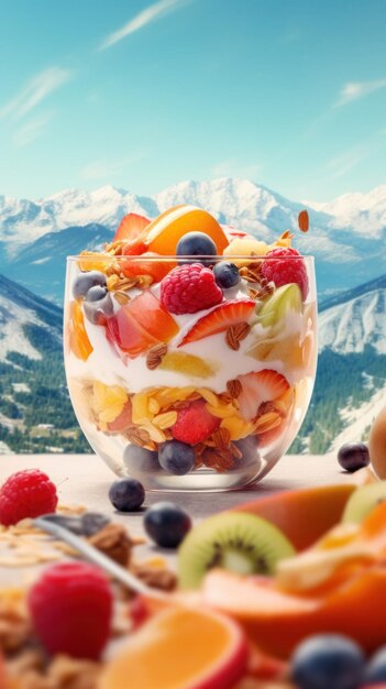 Uma tigela de frutas e iogurte com montanhas ao fundo imagem generativa ai