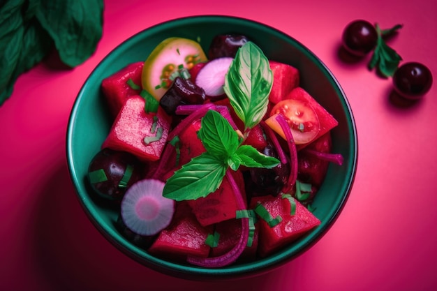 Uma tigela de frutas e legumes em uma imagem de IA generativa de superfície rosa