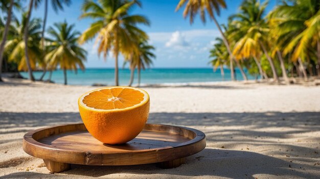 uma tigela de frutas em uma bandeja em uma praia com palmeiras ao fundo