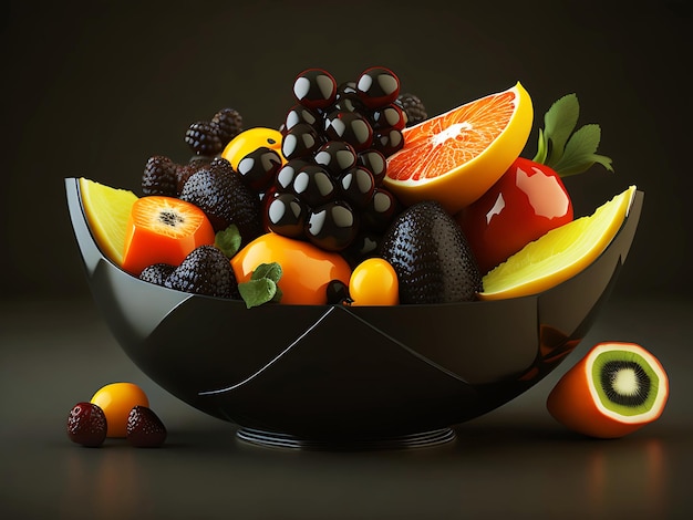 Uma tigela de frutas em uma mesa Black BowlGenerative Ai