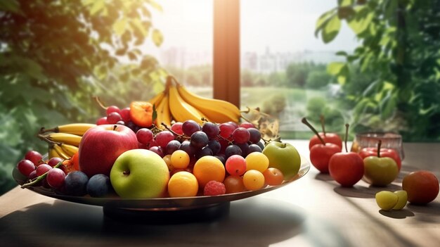 Uma tigela de frutas em uma mesa com uma janela atrás dela