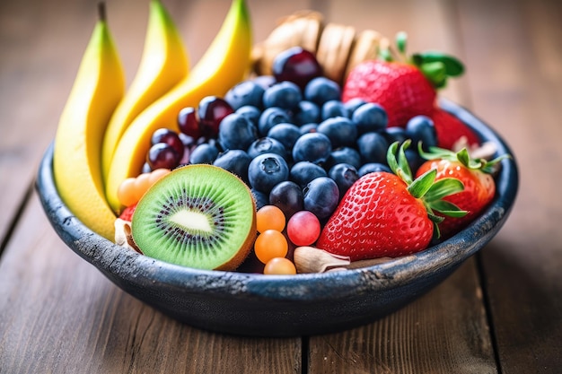 Uma tigela de frutas em uma mesa