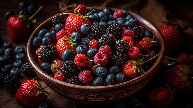 Uma tigela de frutas em uma mesa