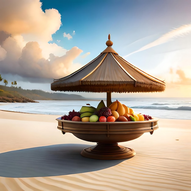 Uma tigela de frutas está numa praia com o oceano ao fundo.