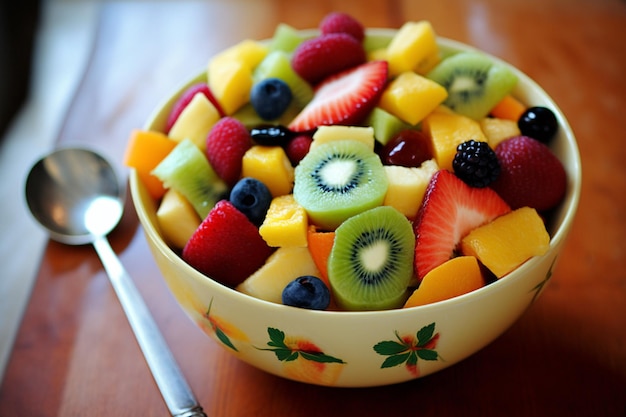 Uma tigela de frutas está sobre a mesa com uma colher.