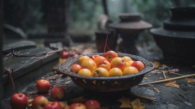 Uma tigela de frutas está sobre uma mesa cercada por folhas e uma pilha de folhas.