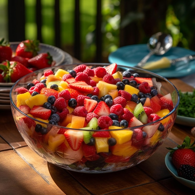 Foto uma tigela de frutas está sobre uma mesa com outras frutas.