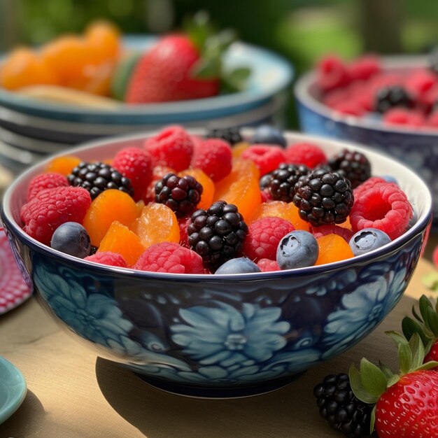 Uma tigela de frutas está sobre uma mesa com outras tigelas de frutas.