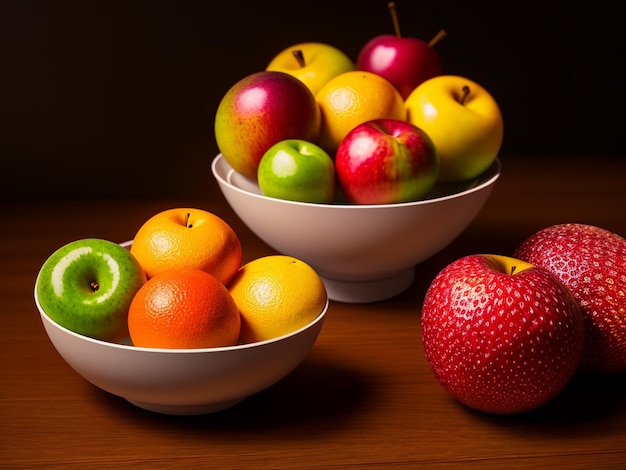 Uma tigela de frutas está sobre uma mesa com um morango vermelho ao fundo.