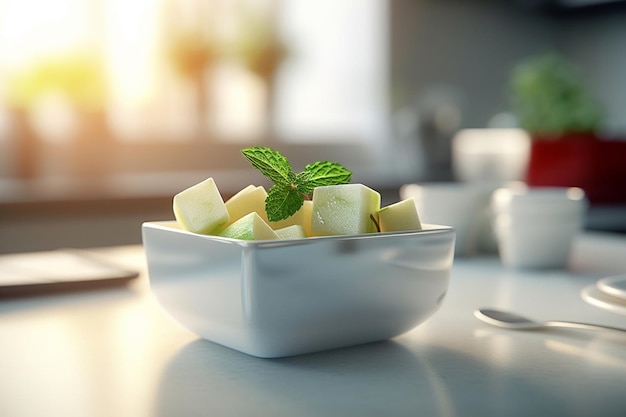 Uma tigela de frutas está sobre uma mesa com uma colher e uma folha verde sobre ela.