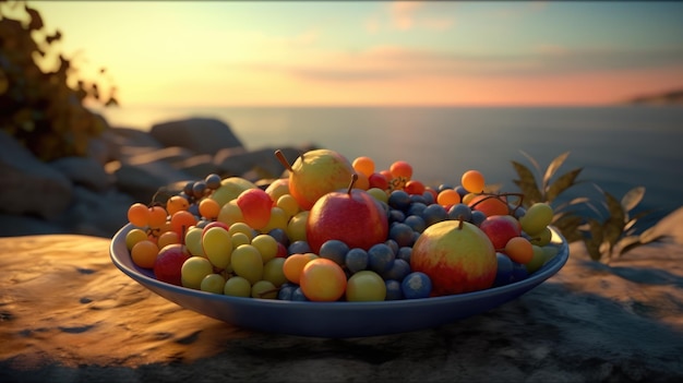 Uma tigela de frutas fica em uma rocha em frente ao pôr do sol.