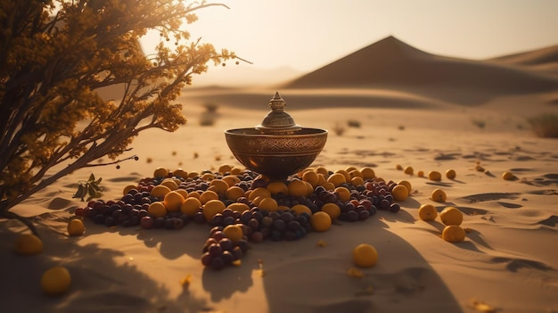 Foto uma tigela de frutas fica no deserto com um fundo de deserto