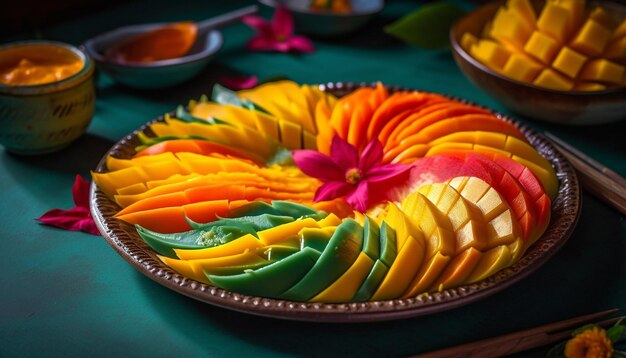 Uma tigela de frutas frescas com doces multicoloridos e sobremesas gourmet geradas pela IA