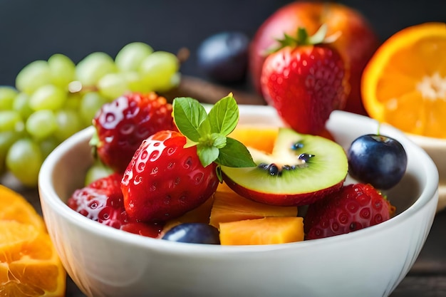 Uma tigela de frutas, incluindo morangos, kiwi e kiwi.