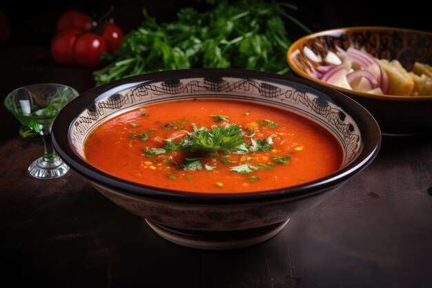 Uma tigela de gaspacho com ervas frescas picadas e um fio de azeite