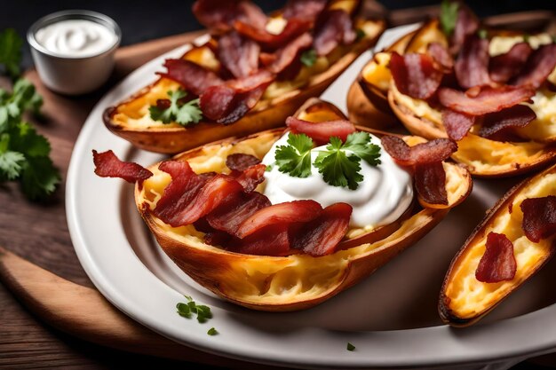 Uma tigela de gelado de chocolate rico e decadente com um prato de peles de batata crocantes e deliciosas