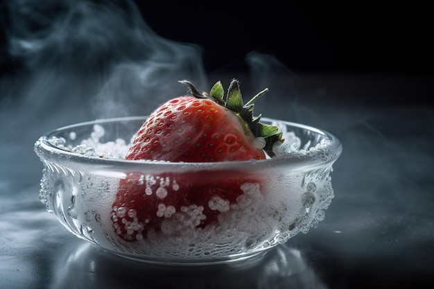 Uma tigela de gelo com um morango dentro