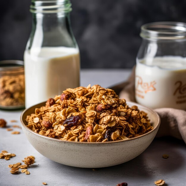 Uma tigela de granola ao lado de um copo de leite.