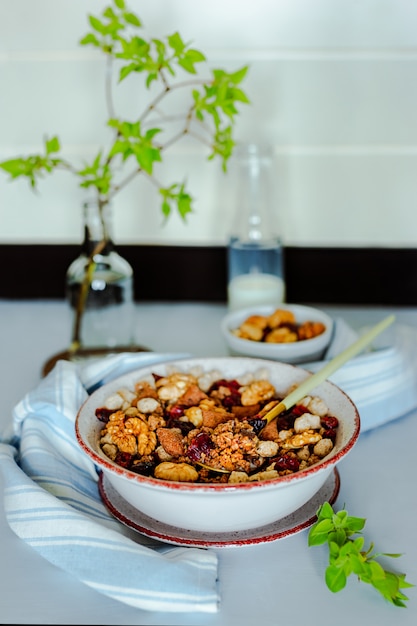 Uma tigela de granola com nozes, chocolate e cranberries secas, uma garrafa de leite, uma tigela pequena com nozes, toalha e galho verde