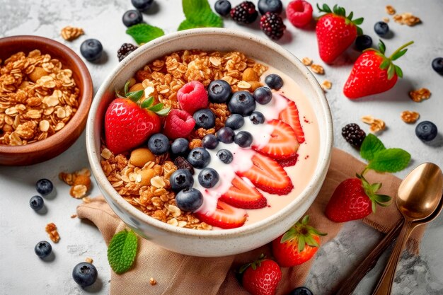 Foto uma tigela de granola crocante ou aveia para o pequeno-almoço com iogurte de bagas frescas