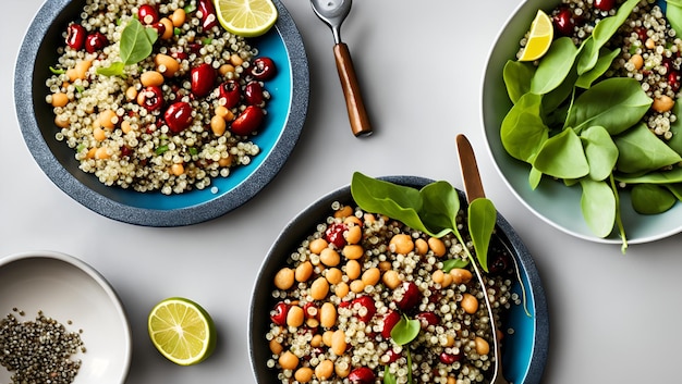 Uma tigela de grão de bico e salada de limão com uma colher em uma mesa.