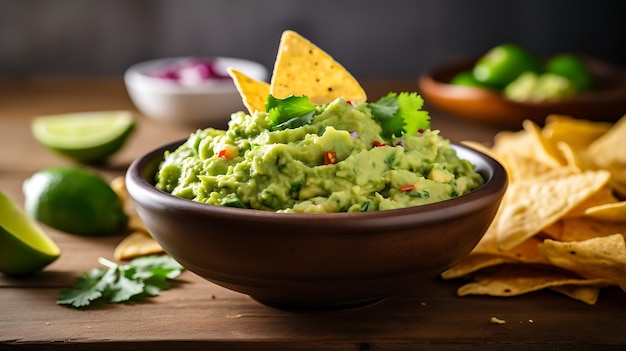 Uma tigela de guacamole caseiro com batatas fritas em um fundo limpo