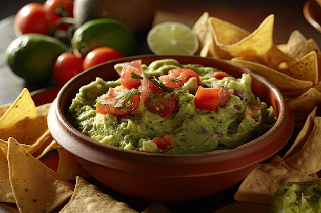 Uma tigela de guacamole cremoso com abacate, tomate, coentro, limão e tortilla chips