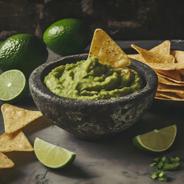 Foto uma tigela de guacamole e batatas fritas