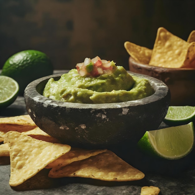 Foto uma tigela de guacamole e batatas fritas