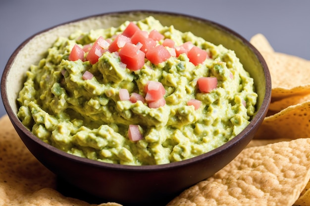 Uma tigela de guacamole fica em um prato com batatas fritas.