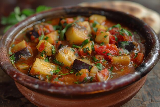 Uma tigela de guisado e legumes na mesa