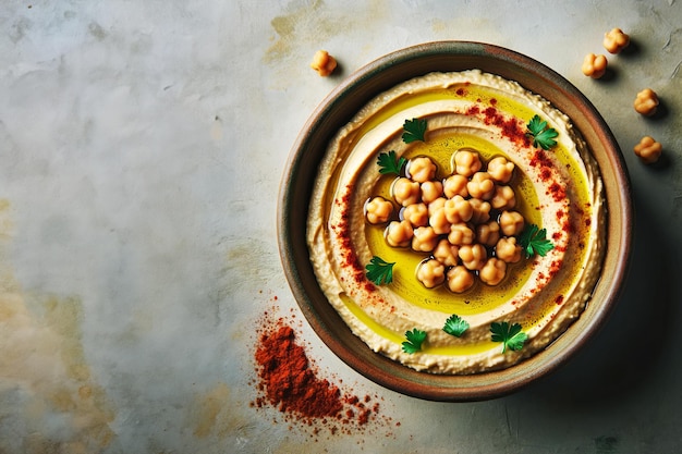 Uma tigela de hummus cremoso com azeite de oliva e batatas fritas