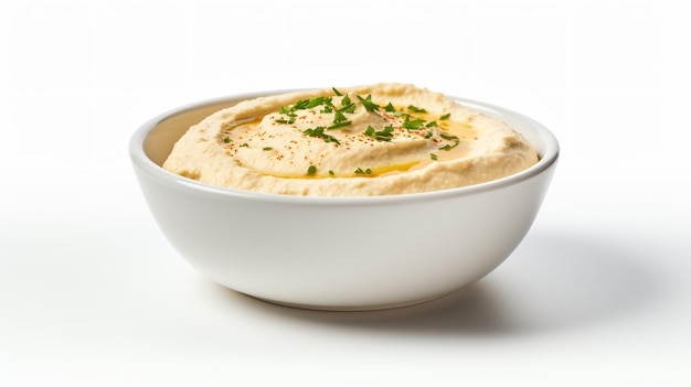 Uma tigela de hummus isolada sobre um fundo branco