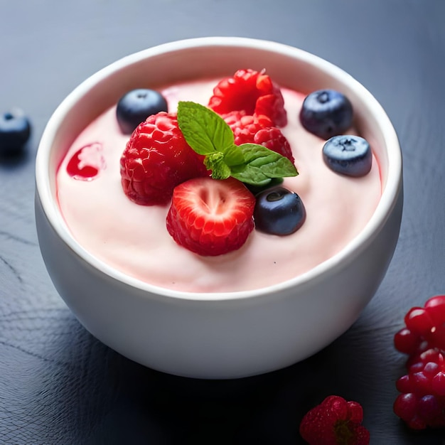 Uma tigela de iogurte com frutas e hortelã em uma mesa preta.