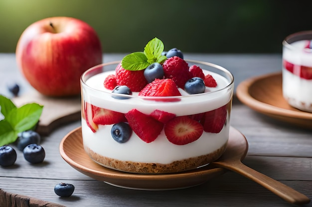 Uma tigela de iogurte com frutas e mirtilos em uma mesa de madeira.