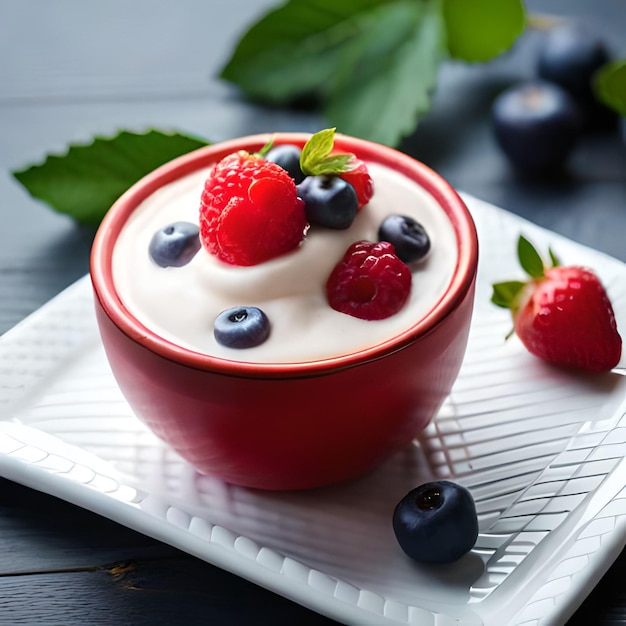 Uma tigela de iogurte com frutas e mirtilos por cima.