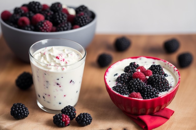 Uma tigela de iogurte e uma tigela de frutas