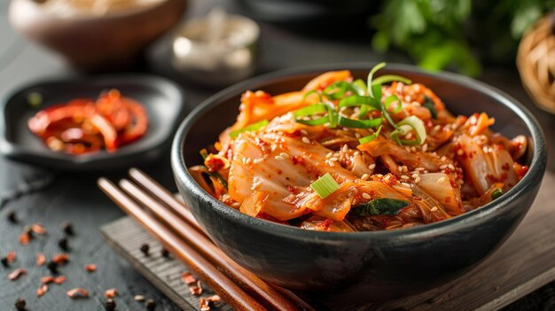 Uma tigela de kimchi coreano picante com pauzinhos ao lado