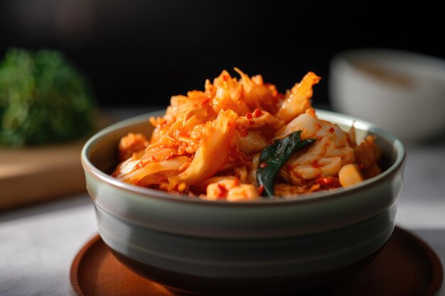 Uma tigela de kimchi pronta para ser servida com uma variedade de refeições criadas com IA generativa