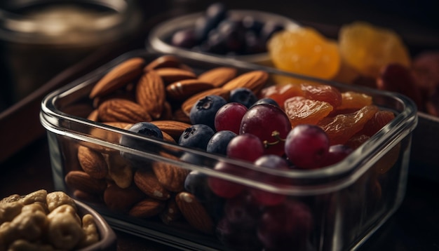 Uma tigela de lanche saudável com uma variedade de frutas orgânicas geradas por IA