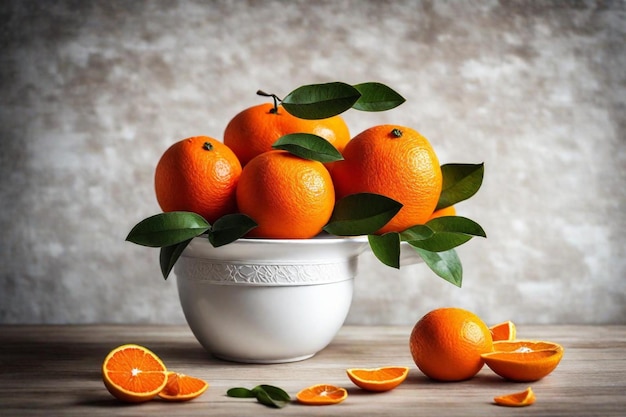 uma tigela de laranjas e folhas com uma tigela branca de laranja