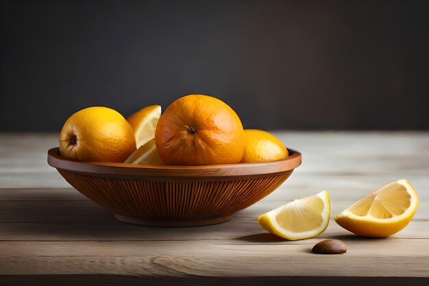Uma tigela de laranjas e limões em uma mesa