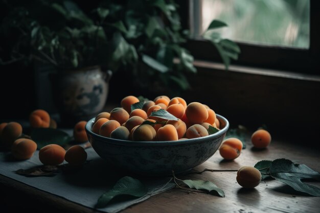 Uma tigela de laranjas em uma mesa com uma janela atrás dela