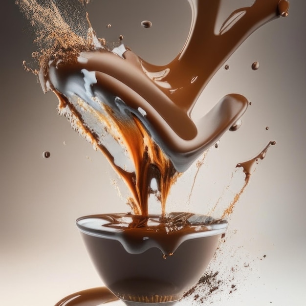 uma tigela de leite com chocolate está sendo derramada em uma tigela.